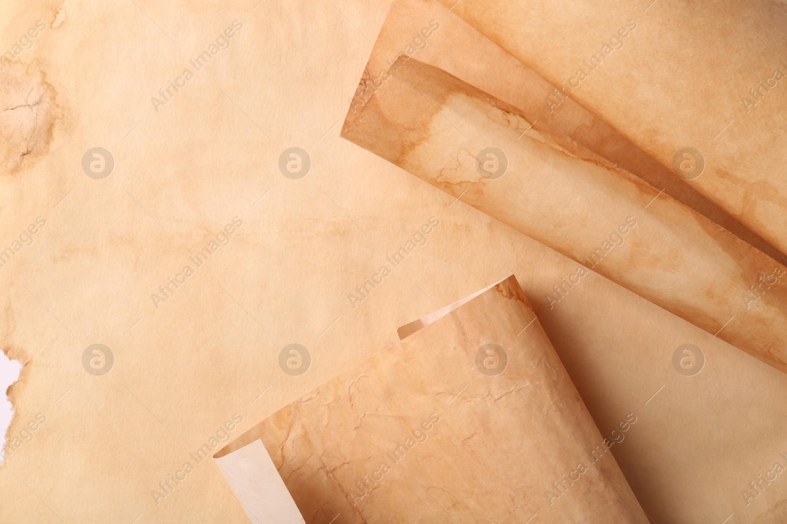 Photo of Sheets of old parchment paper as background, top view