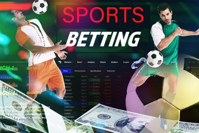 Image of Sports betting. Multiple exposure with football players, money, soccer ball and website page