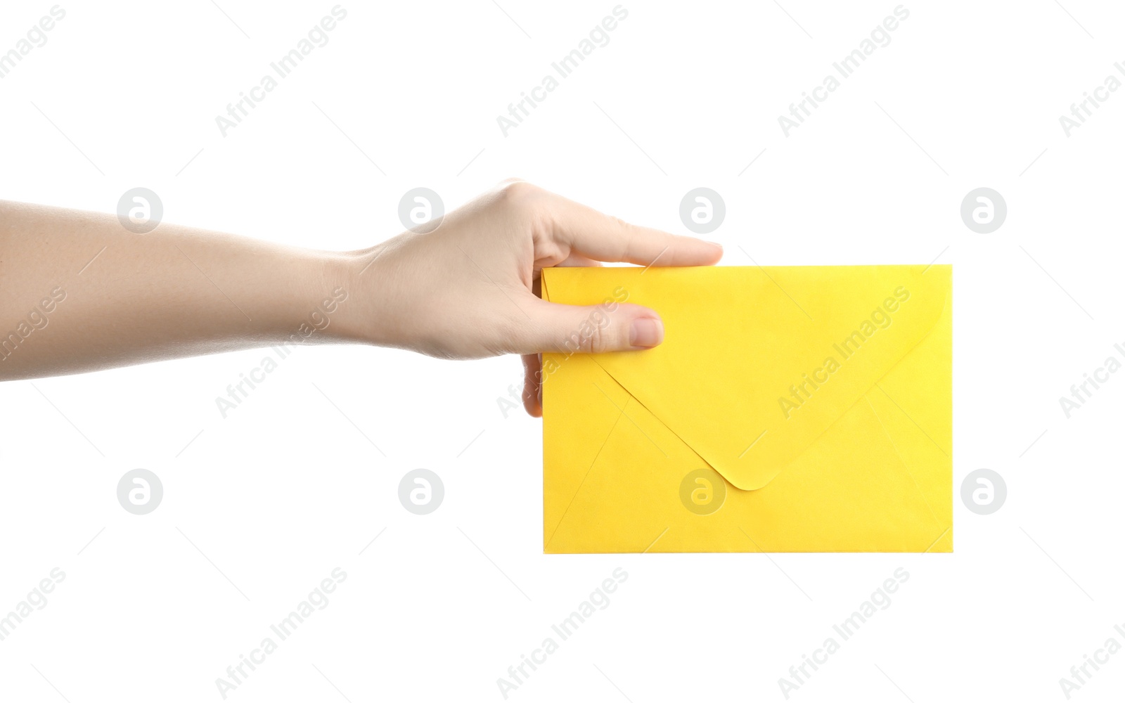 Photo of Woman holding yellow paper envelope on white background, closeup