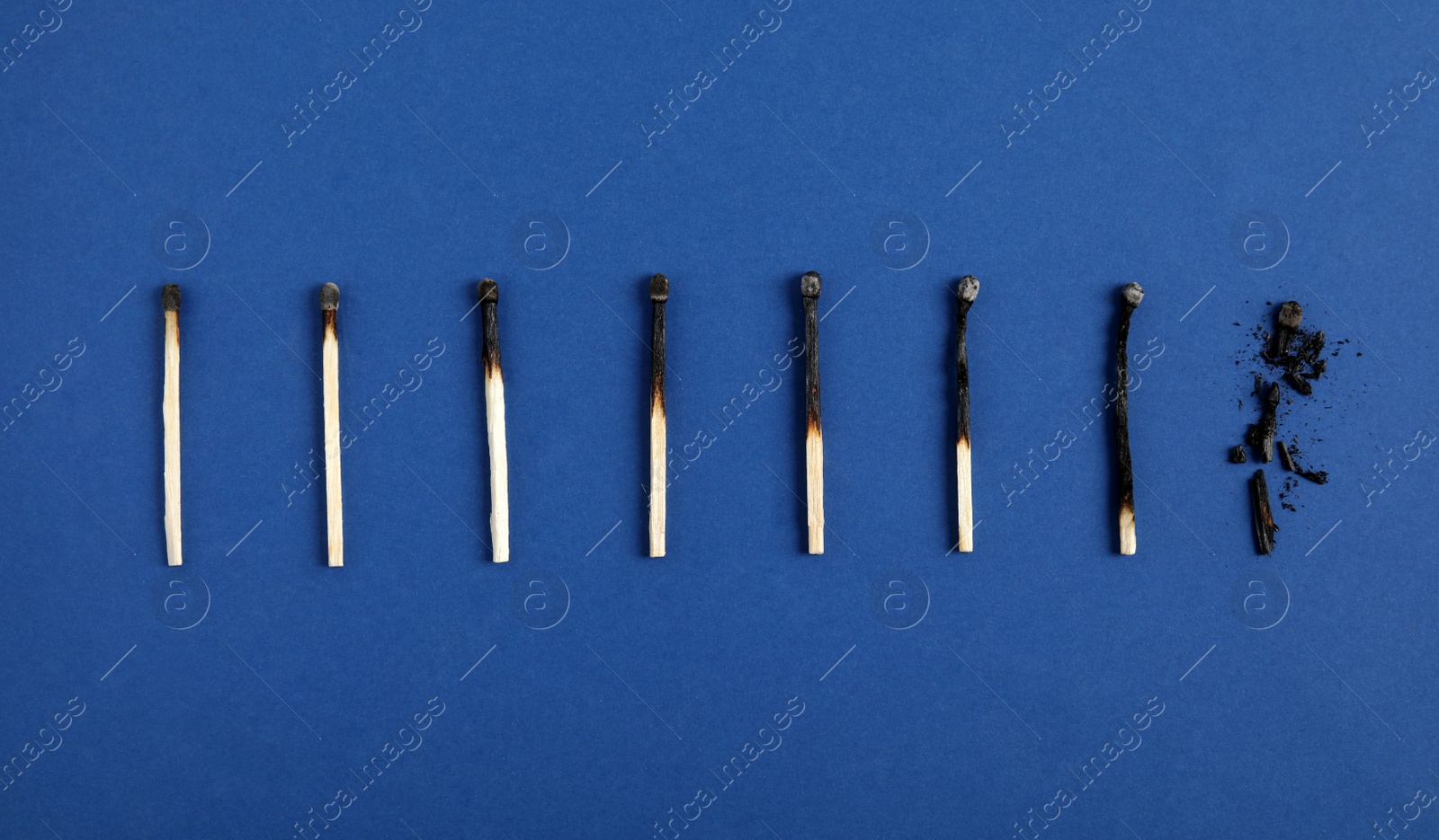 Photo of Different stages of burnt matches on blue background, flat lay