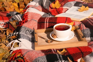 Photo of Plaid with wooden tray, cup of tea and book in park on sunny autumn day