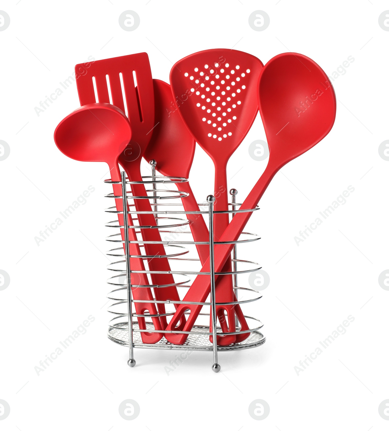 Photo of Holder with different kitchen utensils on white background