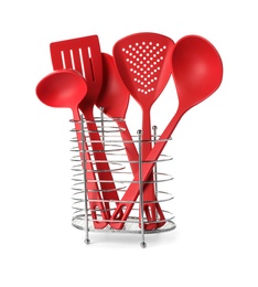 Photo of Holder with different kitchen utensils on white background