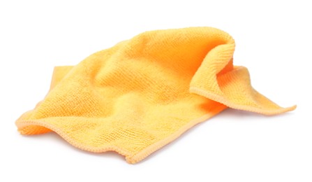 Photo of Clean orange microfiber cloth isolated on white