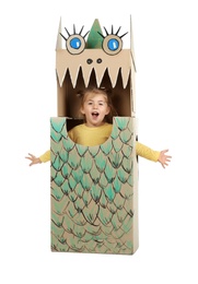 Photo of Little girl in cardboard costume of dinosaur on white background