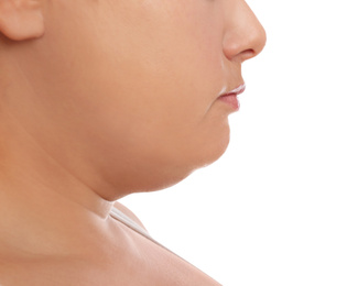 Woman with double chin on white background, closeup