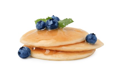 Photo of Tasty pancakes with blueberries and honey isolated on white