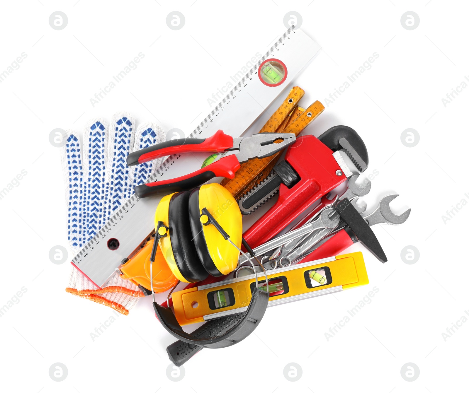 Photo of Different construction tools isolated on white, top view