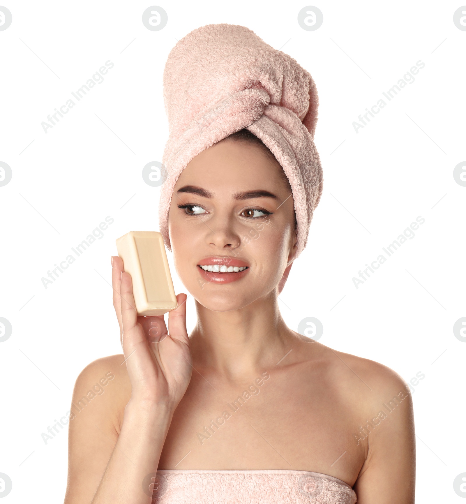 Photo of Young woman with soap bar on white background