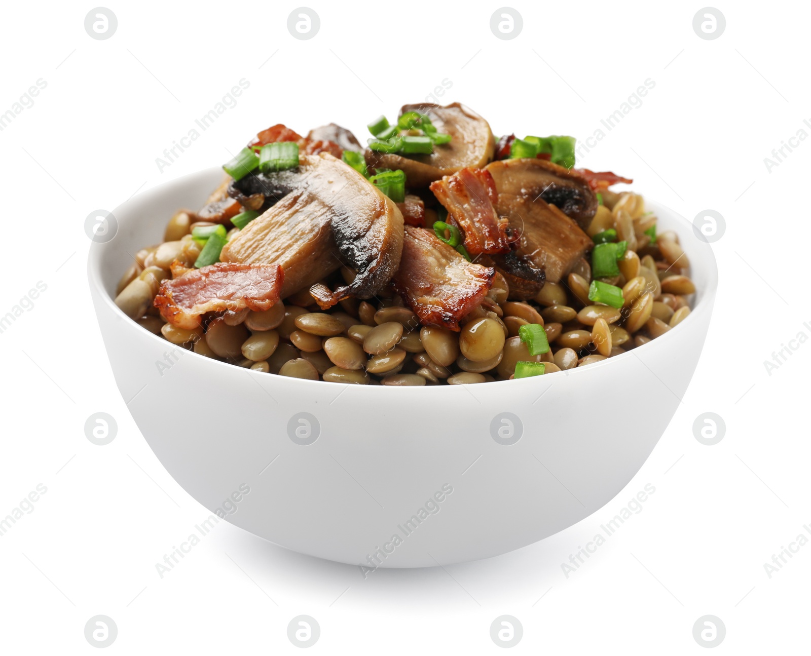 Photo of Delicious lentils with bacon and green onion in bowl isolated on white