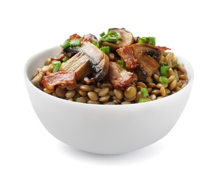 Delicious lentils with bacon and green onion in bowl isolated on white