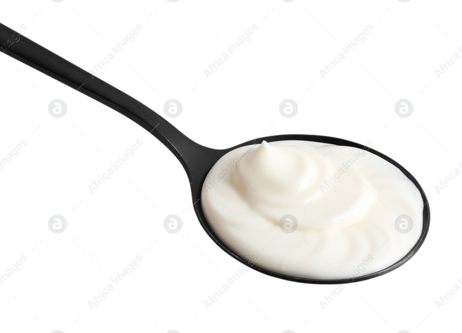 Photo of One black spoon with mayonnaise isolated on white