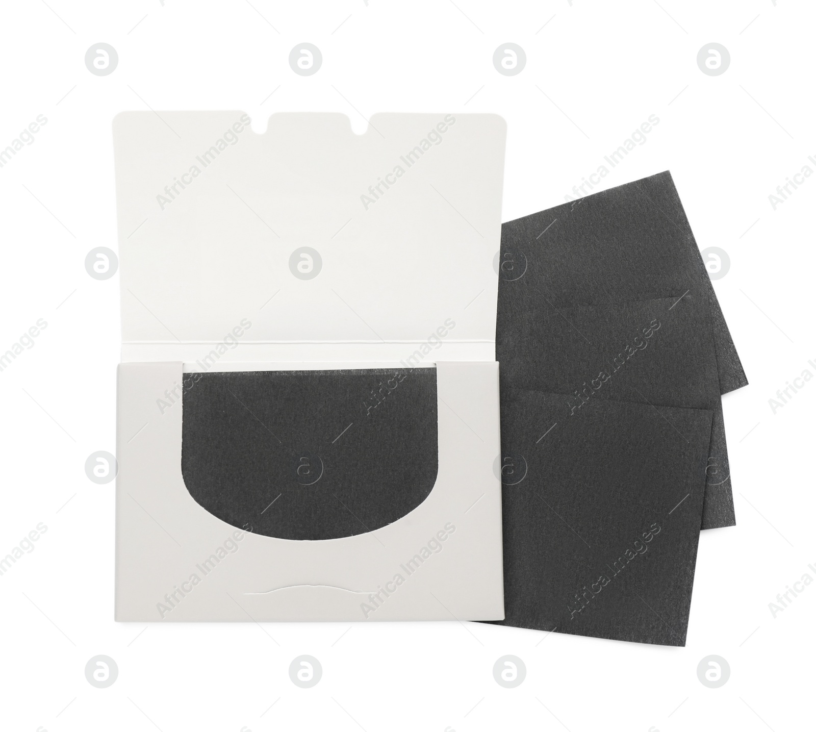 Photo of Package with facial oil blotting tissues on white background, top view. Mattifying wipes