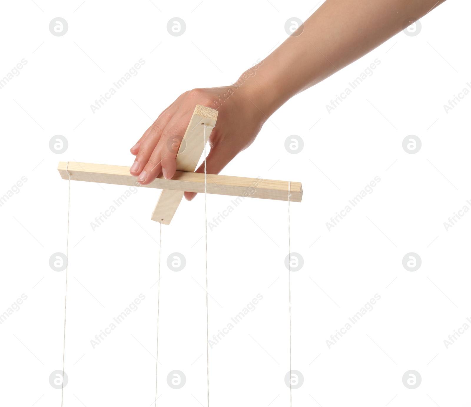 Photo of Woman pulling strings of puppet on white background, closeup