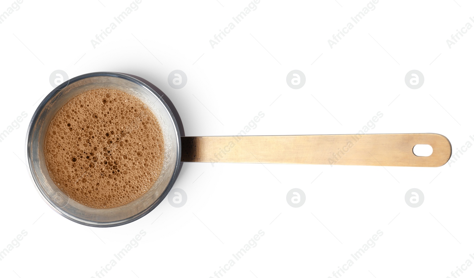 Photo of Turkish coffee pot with hot drink isolated on white, top view