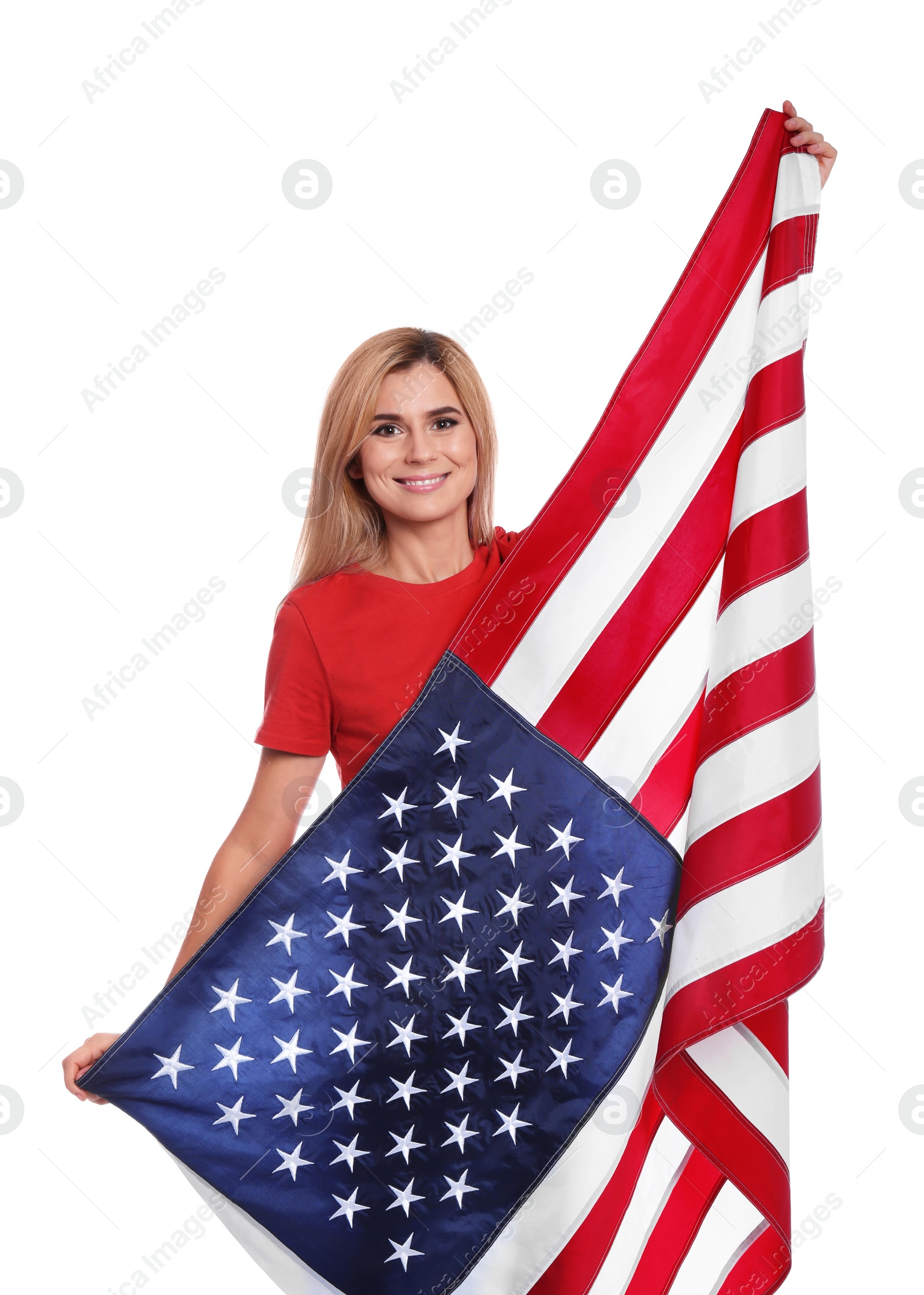 Photo of Portrait of woman with American flag on white background