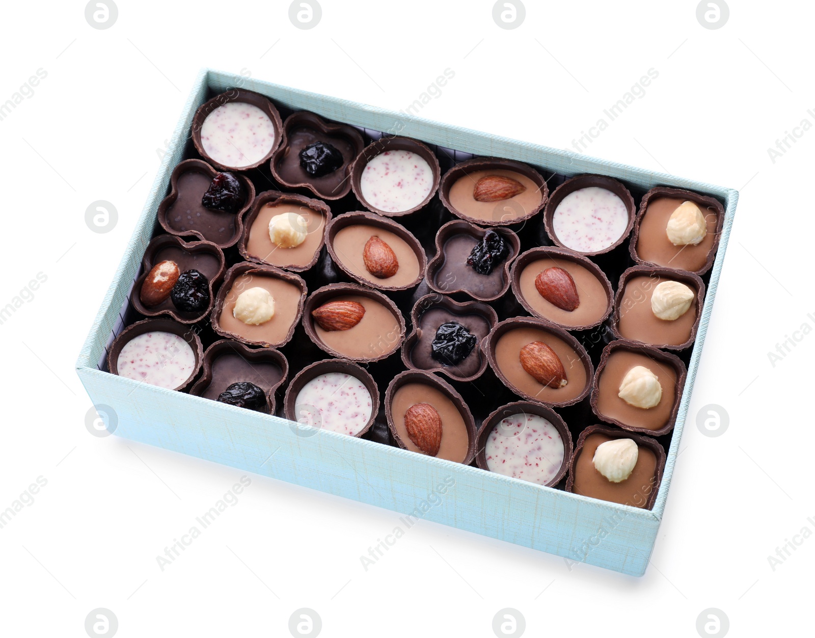 Photo of Box of delicious chocolate candies isolated on white