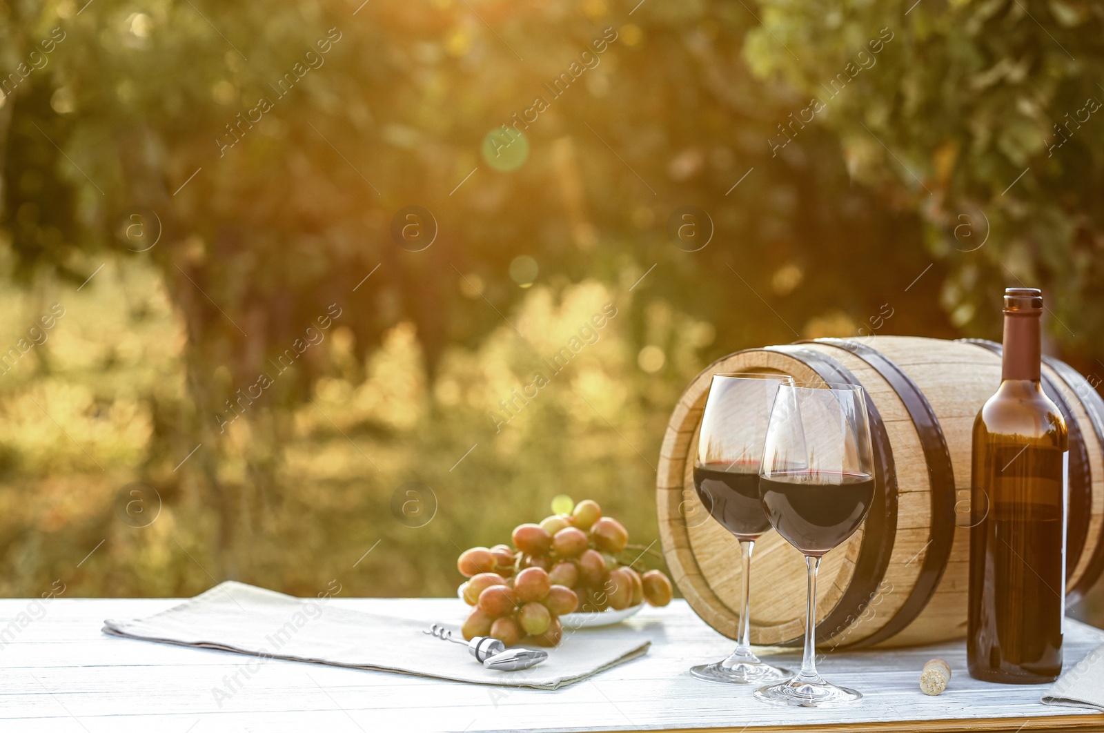 Photo of Composition with barrel of wine and snacks on table at vineyard, space for text