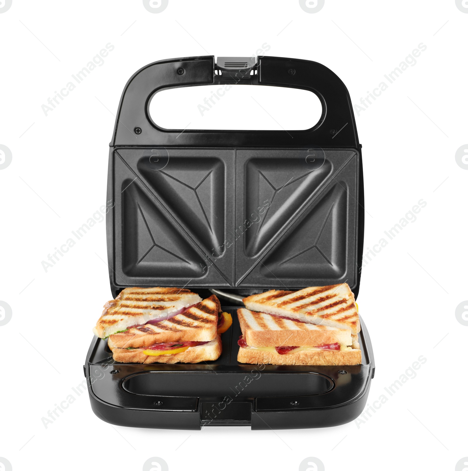 Photo of Modern grill maker with sandwiches on white background