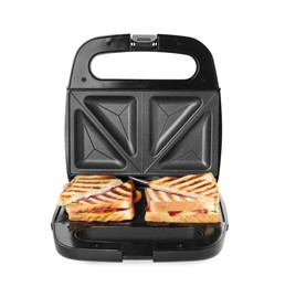 Modern grill maker with sandwiches on white background