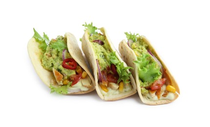 Photo of Delicious tacos with guacamole and vegetables isolated on white