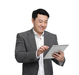 Photo of Businessman in suit using tablet on white background