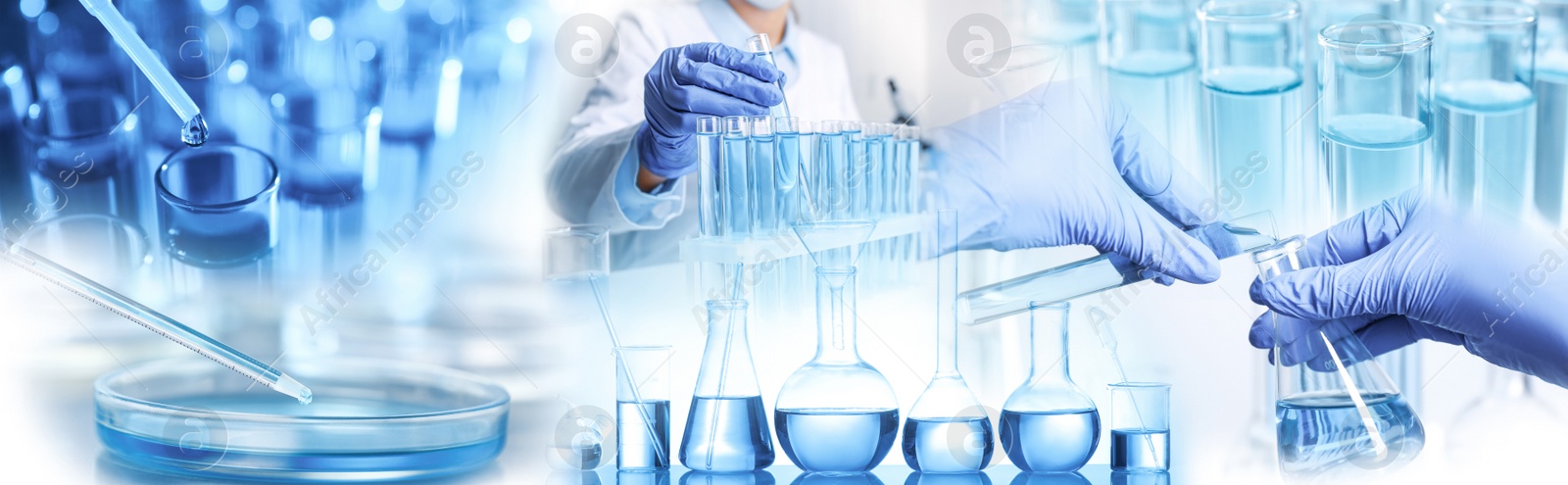 Image of Multiple exposure of scientists doing sample analysis and laboratory glassware, banner design