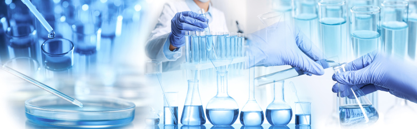 Multiple exposure of scientists doing sample analysis and laboratory glassware, banner design