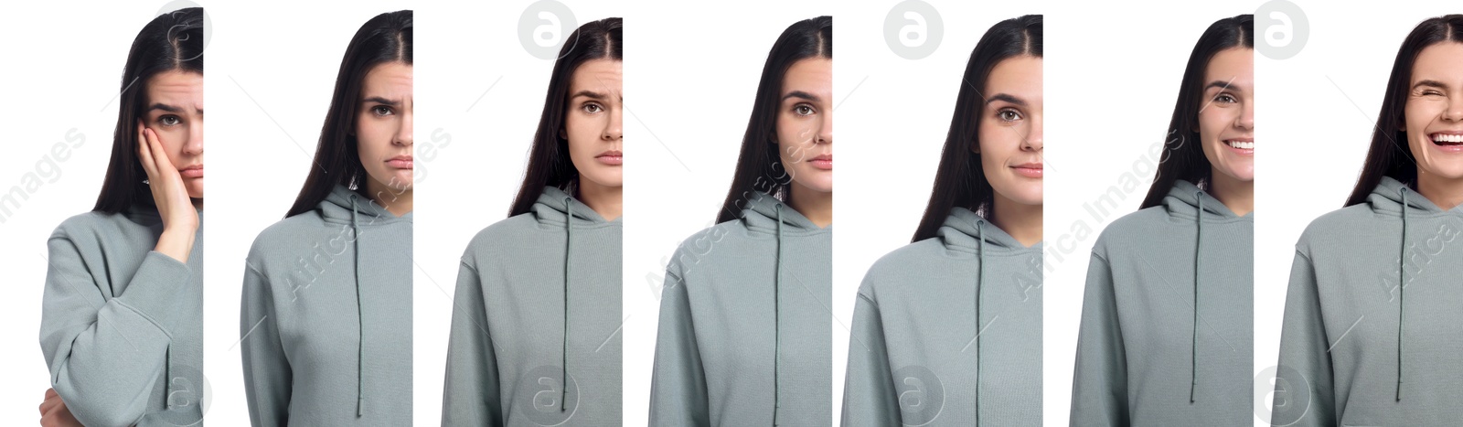 Image of Woman showing different emotions on white background, collage of photos