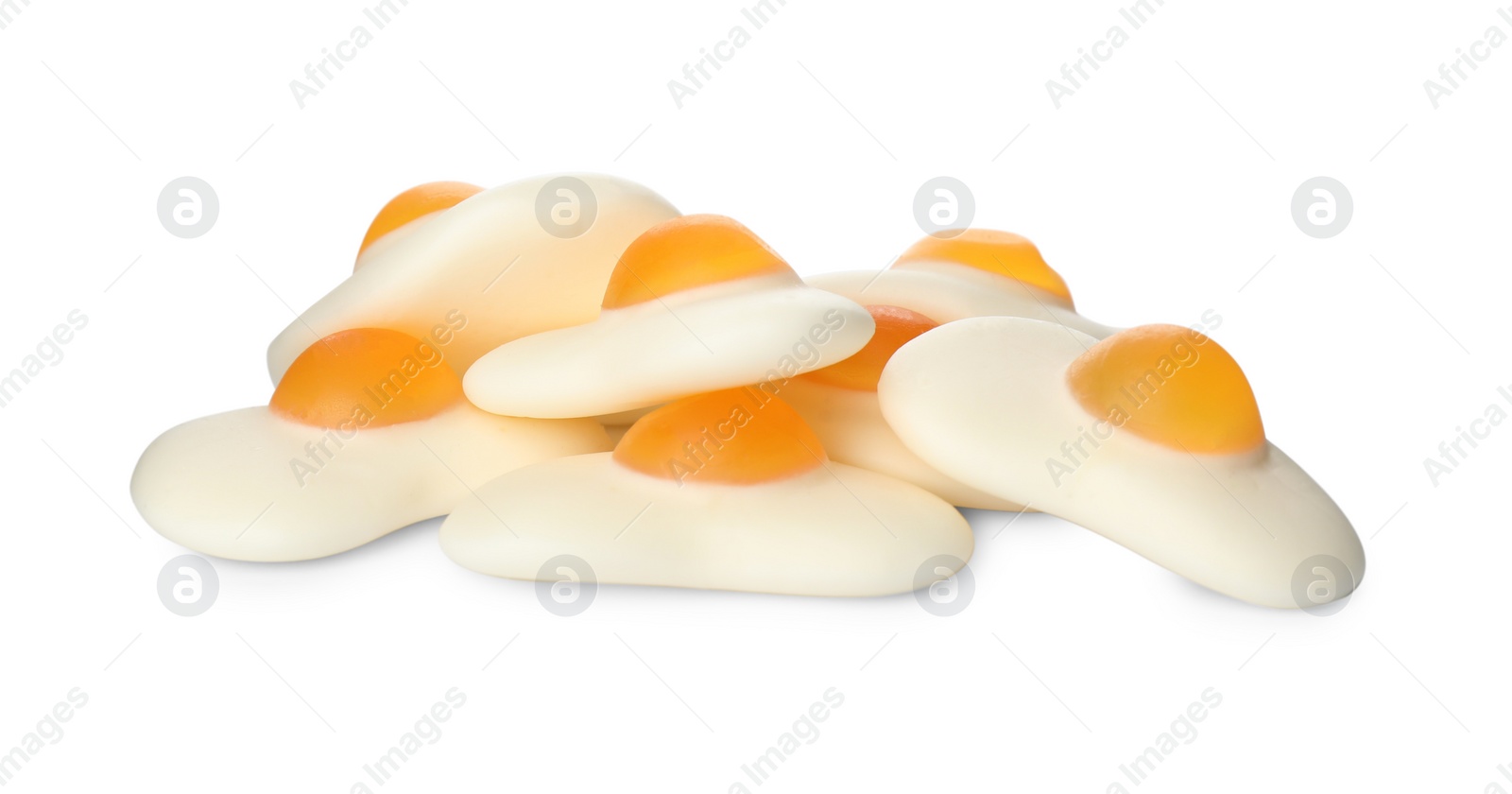 Photo of Tasty jelly candies in shape of egg on white background