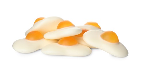 Photo of Tasty jelly candies in shape of egg on white background