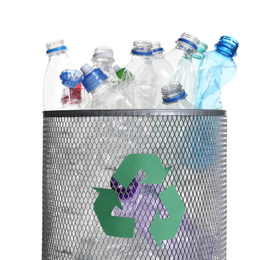 Photo of Many used bottles in trash bin isolated on white. Plastic recycling