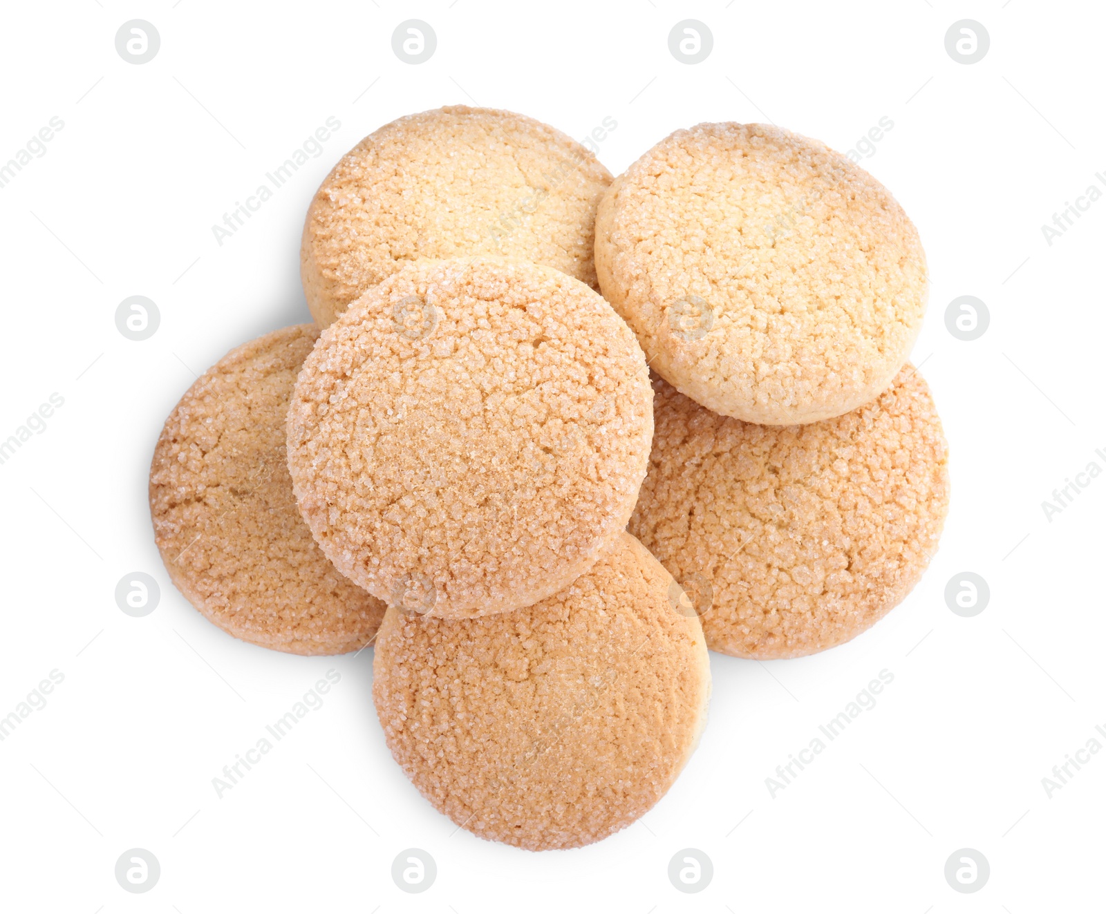 Photo of Many tasty sugar cookies isolated on white, top view