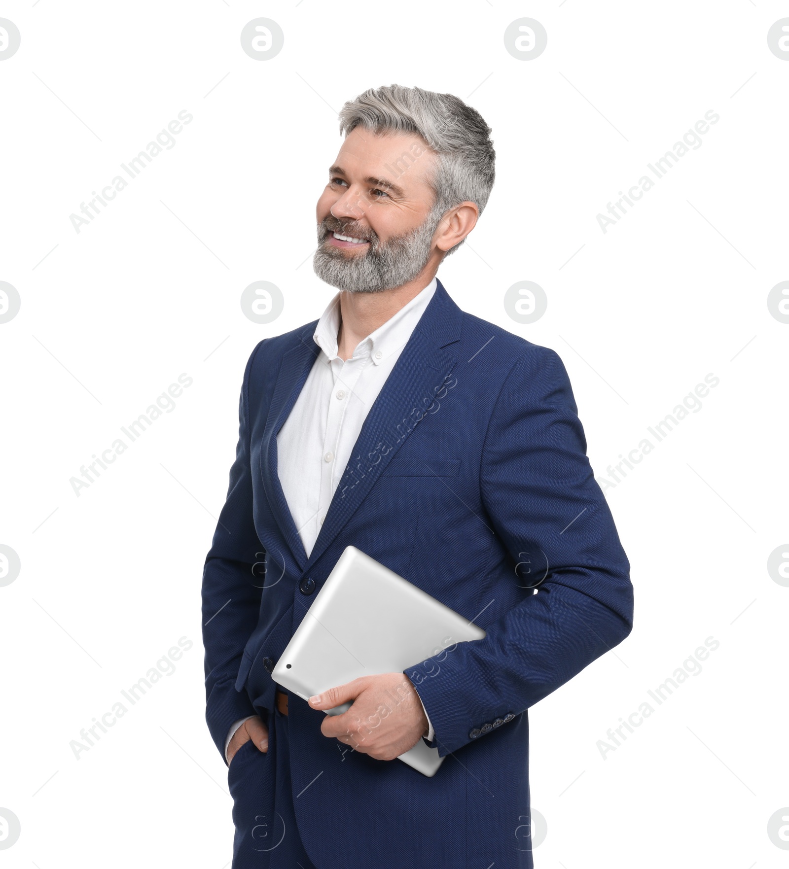 Photo of Mature businessman in stylish clothes with tablet on white background