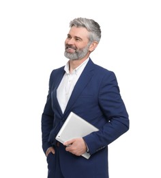 Mature businessman in stylish clothes with tablet on white background