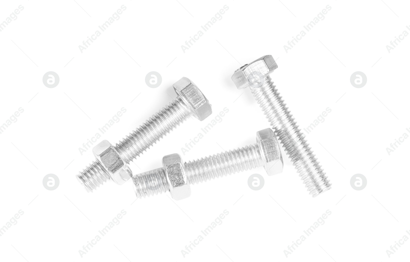 Photo of Metal bolts with hex nuts on white background, top view