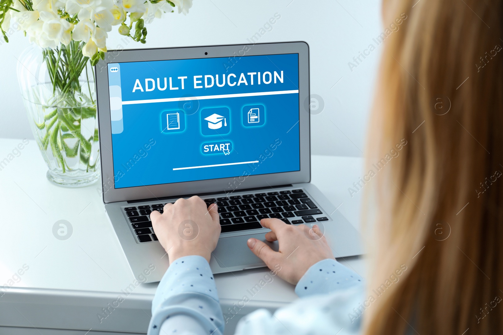Image of Woman using laptop for online studying indoors, closeup. Adult education 