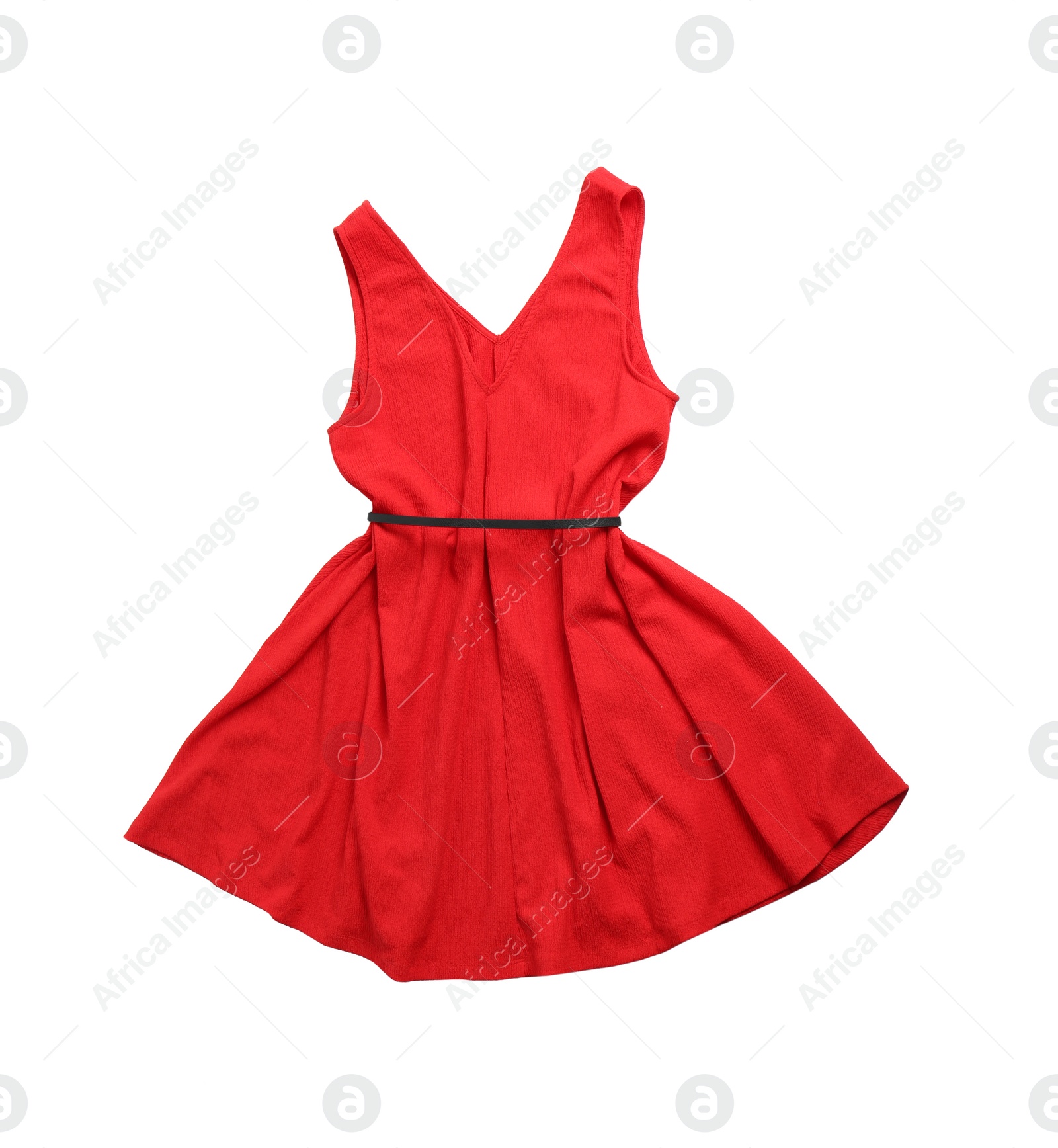 Photo of Short red dress with belt isolated on white, top view