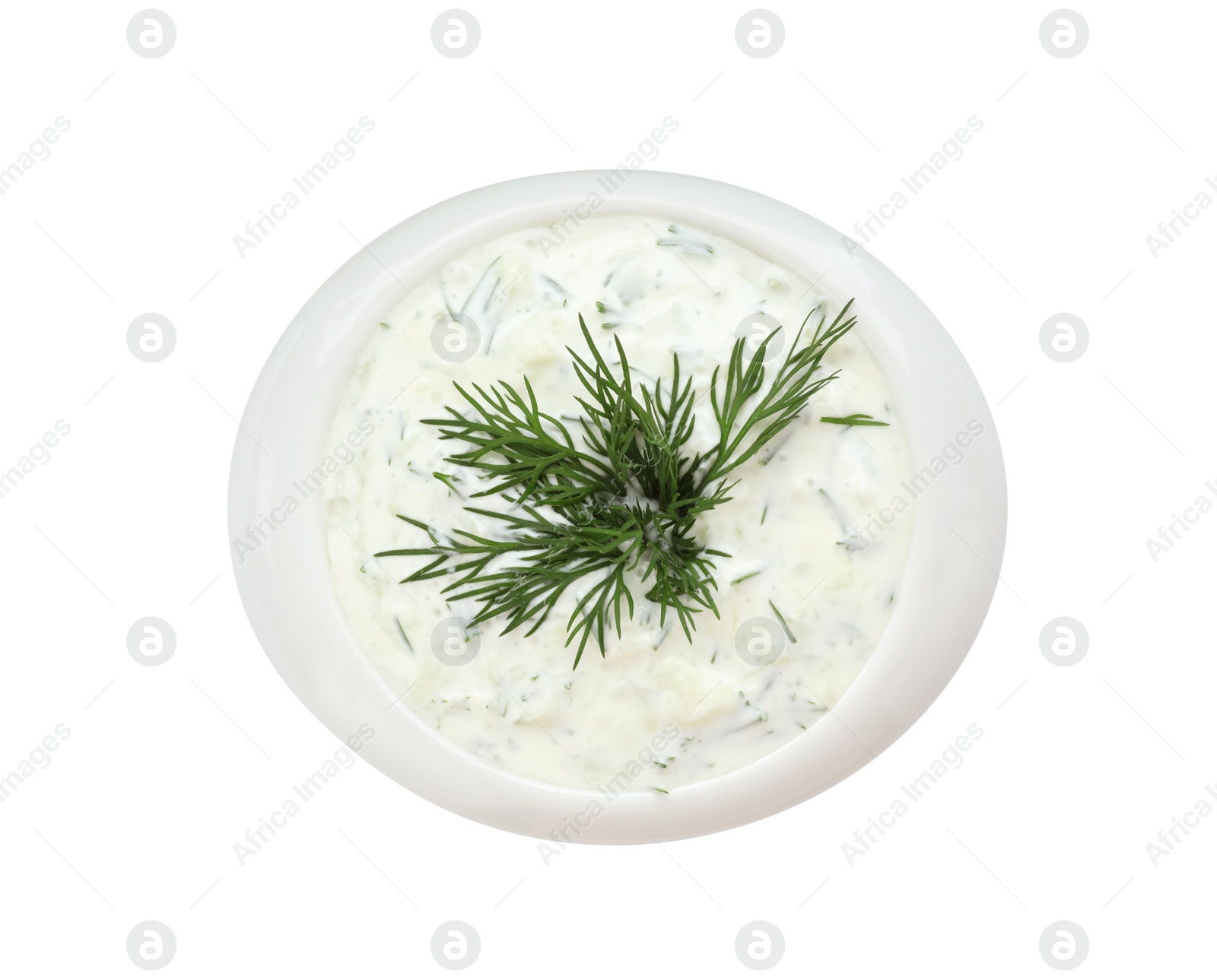 Photo of Bowl with cucumber sauce on white background, top view