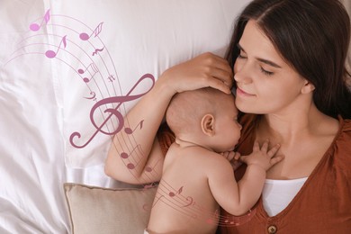 Mother singing lullaby to her baby on bed, top view. Music notes illustrations flowing from woman`s heart