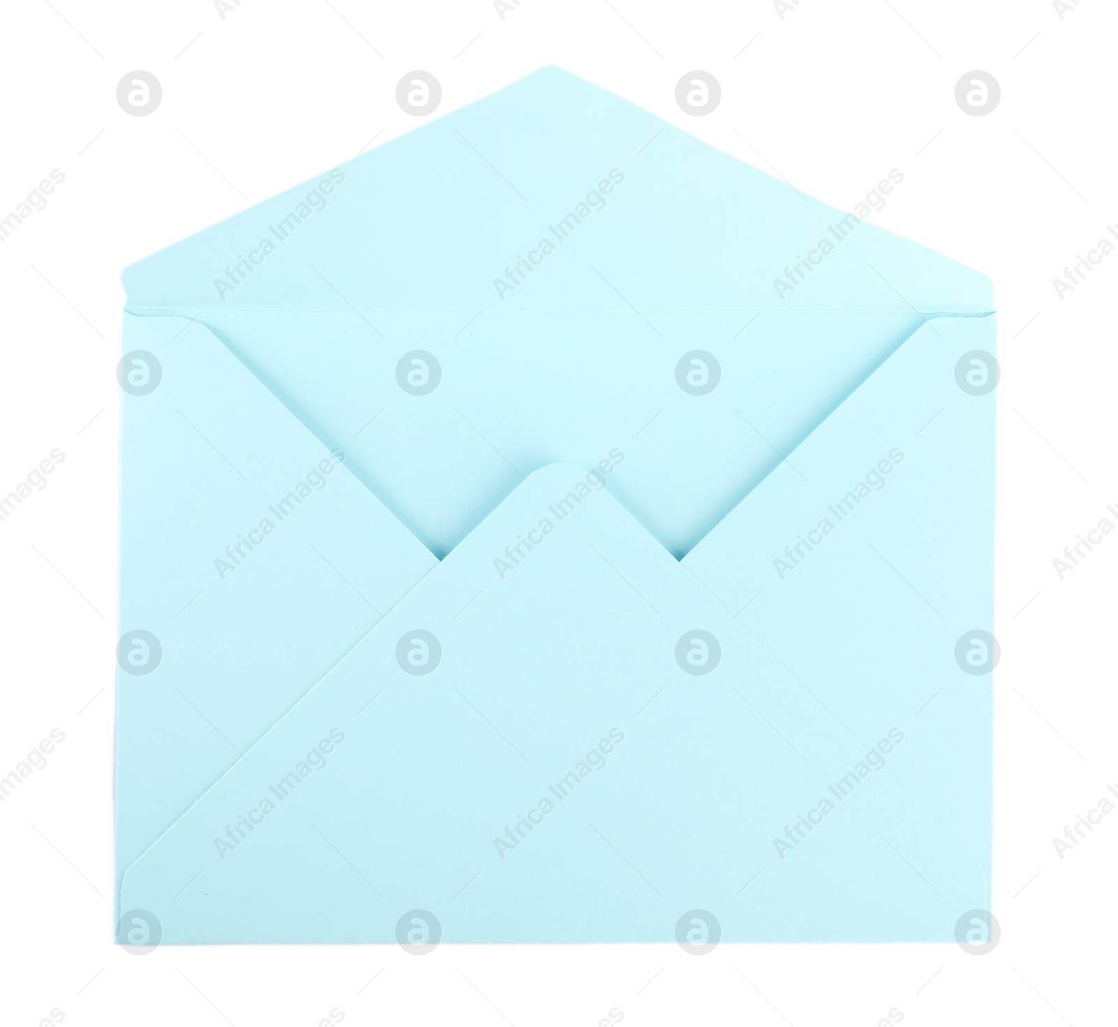 Photo of Open light blue letter envelope isolated on white, top view