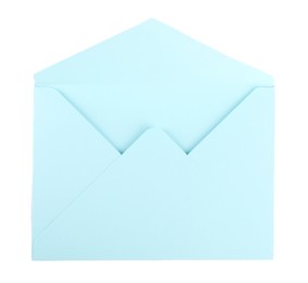 Photo of Open light blue letter envelope isolated on white, top view