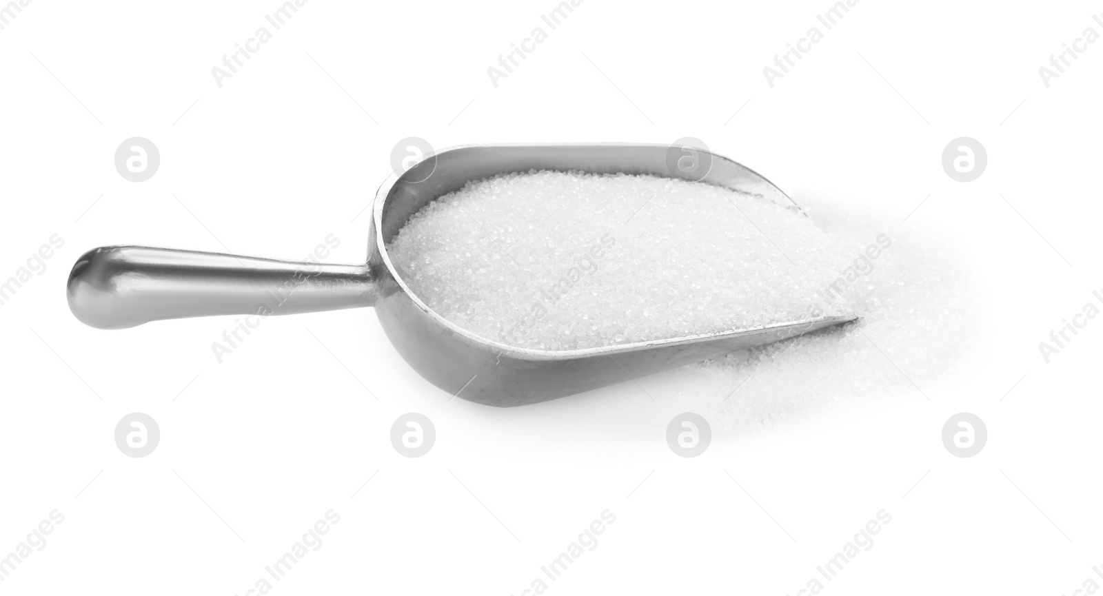 Photo of Metal scoop and granulated sugar isolated on white