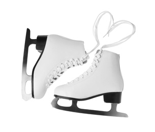 Photo of Pair of figure ice skates isolated on white, top view