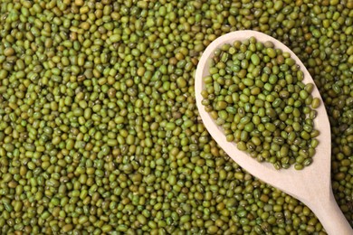 Photo of Spoon with green mung beans, top view