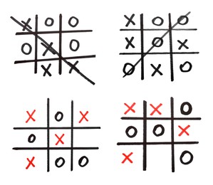 Image of Tic tac toe game on white background, collage