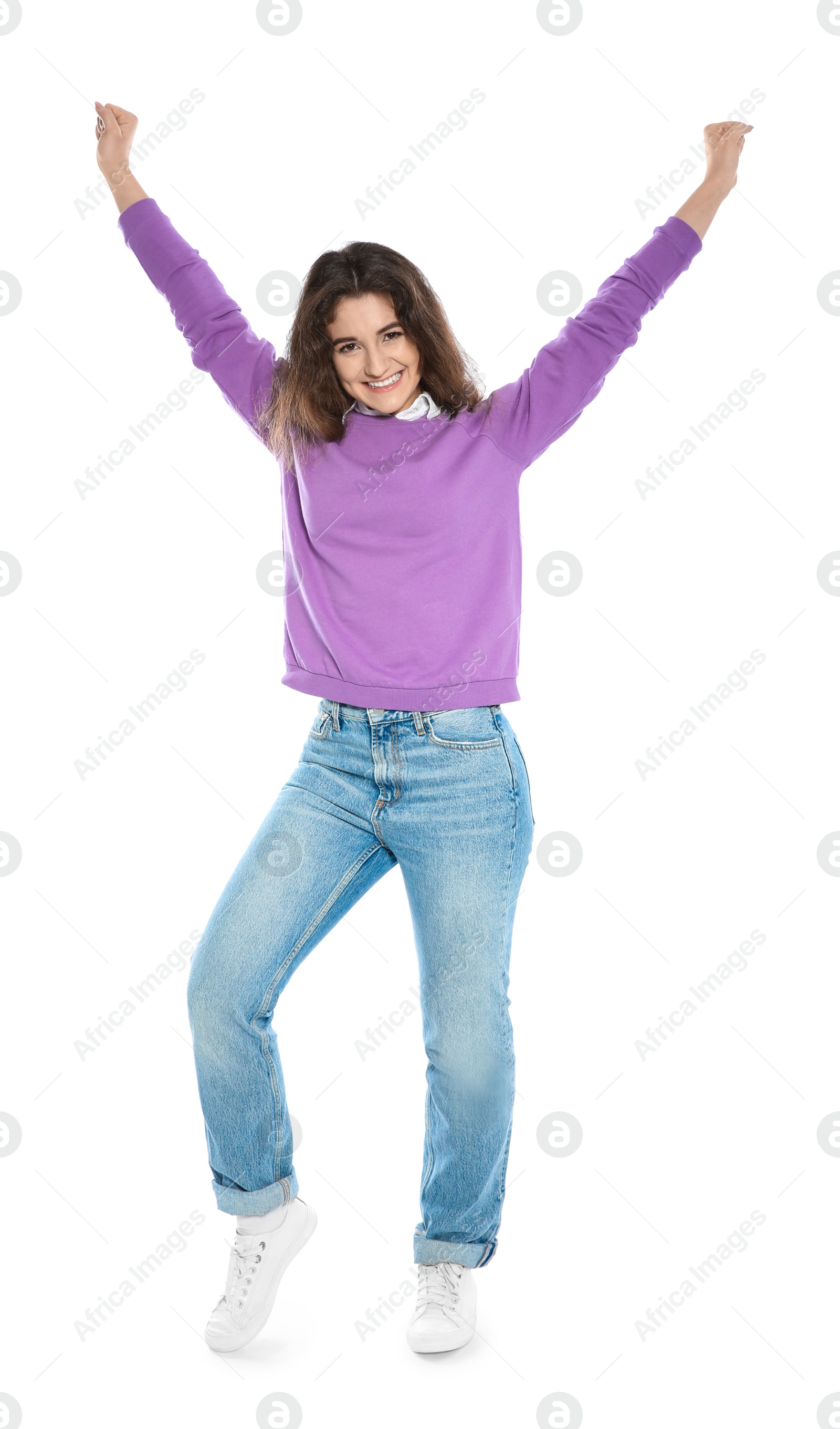 Photo of Beautiful young woman in stylish clothes on white background