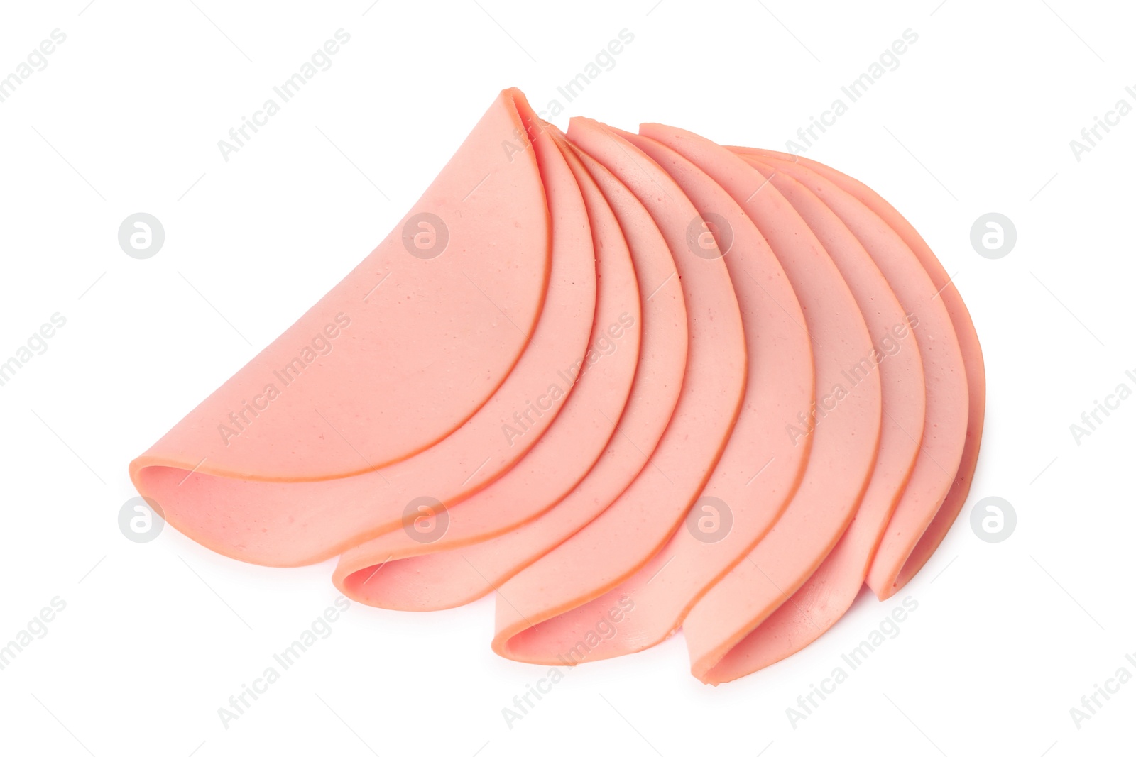 Photo of Slices of delicious boiled sausage on white background, top view