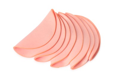 Photo of Slices of delicious boiled sausage on white background, top view