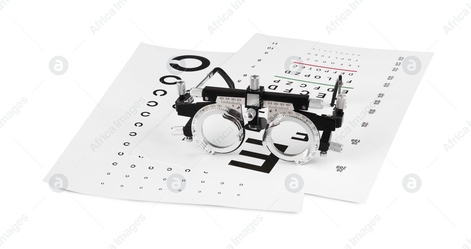 Photo of Trial frame and vision test charts isolated on white